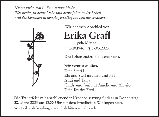 Traueranzeige von Erika Grafl von SÜDWEST PRESSE Ausgabe Ulm/Neu-Ulm