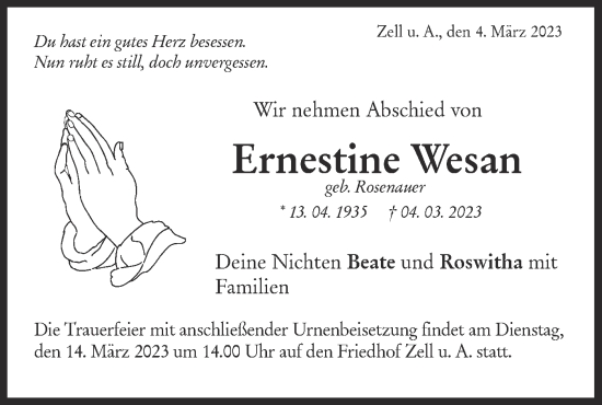 Traueranzeige von Ernestine Wesan von NWZ Neue Württembergische Zeitung