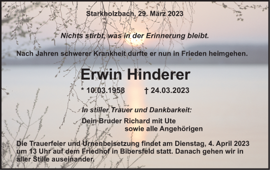 Traueranzeige von Erwin Hinderer von Haller Tagblatt