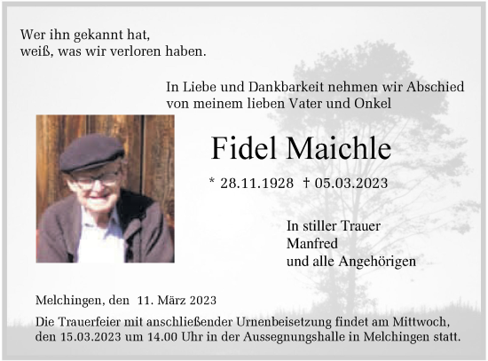 Traueranzeige von Fidel Maichle von Metzinger-Uracher Volksblatt