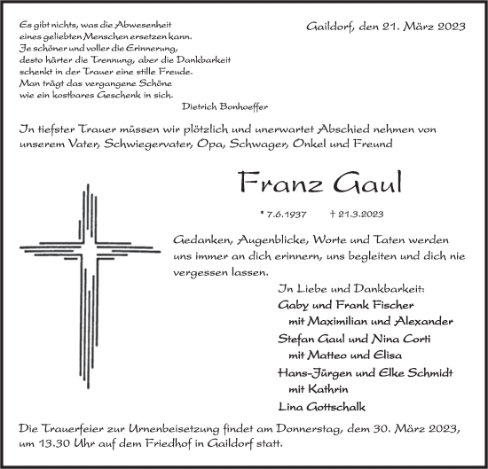 Traueranzeige von Franz Gaul von Rundschau Gaildorf