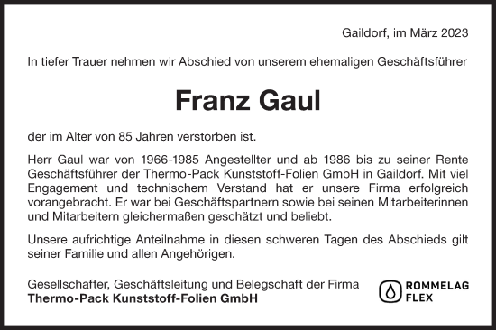 Traueranzeige von Franz Gaul von Rundschau Gaildorf