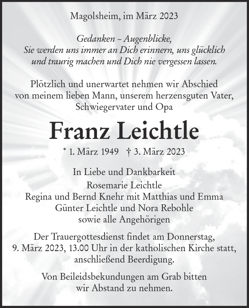  Traueranzeige für Franz Leichtle vom 07.03.2023 aus Alb-Bote/Metzinger-Uracher Volksblatt