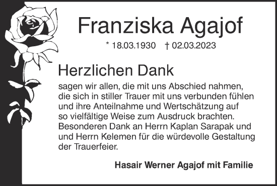 Traueranzeige von Franziska Agajof von SÜDWEST PRESSE Ausgabe Ulm/Neu-Ulm