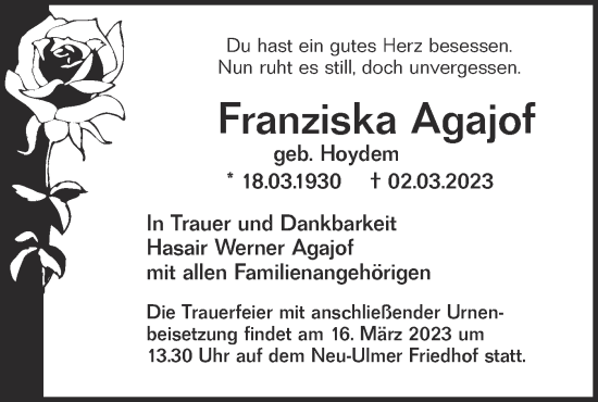 Traueranzeige von Franziska Agajof von SÜDWEST PRESSE Ausgabe Ulm/Neu-Ulm