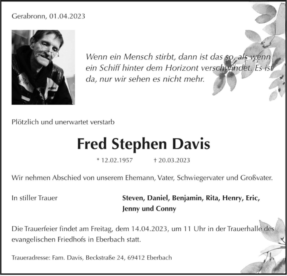  Traueranzeige für Fred Stephen Davis vom 01.04.2023 aus Hohenloher Tagblatt