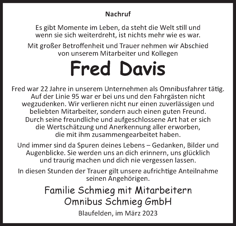  Traueranzeige für Fred Stephen Davis vom 01.04.2023 aus Hohenloher Tagblatt