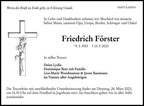 Traueranzeige von Friedrich Förster von Hohenloher Tagblatt