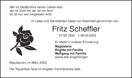 Traueranzeige von Fritz Scheffler von SÜDWEST PRESSE