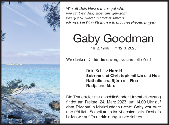 Traueranzeige von Gaby Goodman von Hohenloher Tagblatt