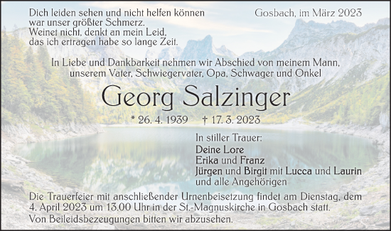 Traueranzeige von Georg Salzinger von Geislinger Zeitung