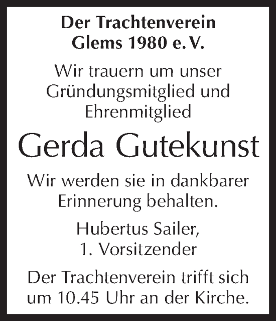 Traueranzeige von Gerda Gutekunst von Metzinger-Uracher Volksblatt