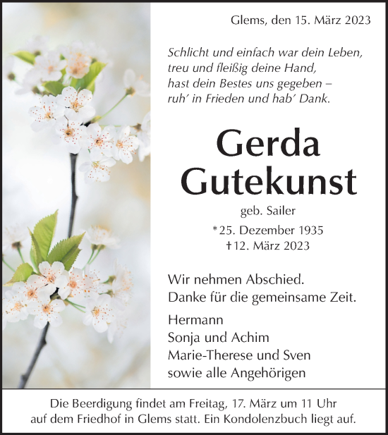 Traueranzeige von Gerda Gutekunst von Metzinger-Uracher Volksblatt