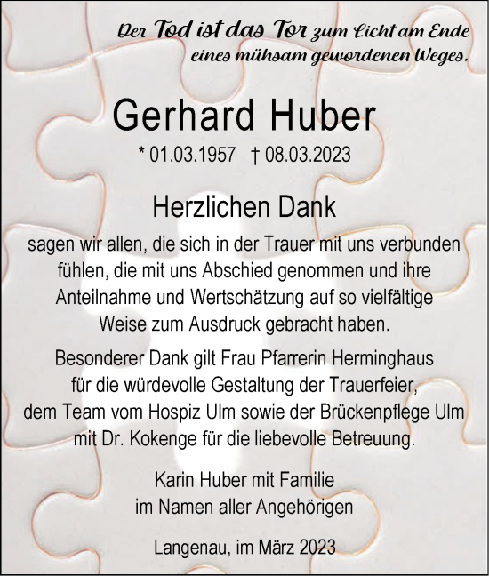 Traueranzeige von Gerhard Huber von SÜDWEST PRESSE Ausgabe Ulm/Neu-Ulm