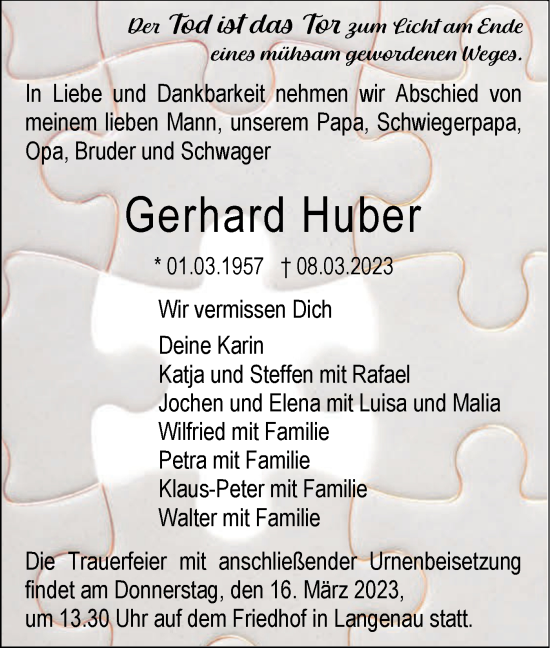 Traueranzeige von Gerhard Huber von SÜDWEST PRESSE Ausgabe Ulm/Neu-Ulm