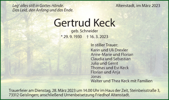 Traueranzeige von Gertrud Keck von Geislinger Zeitung