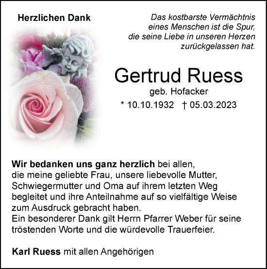 Traueranzeige von Gertrud Ruess von SÜDWEST PRESSE Ausgabe Ulm/Neu-Ulm