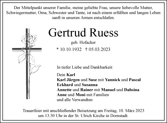 Traueranzeige von Gertrud Ruess von SÜDWEST PRESSE Ausgabe Ulm/Neu-Ulm