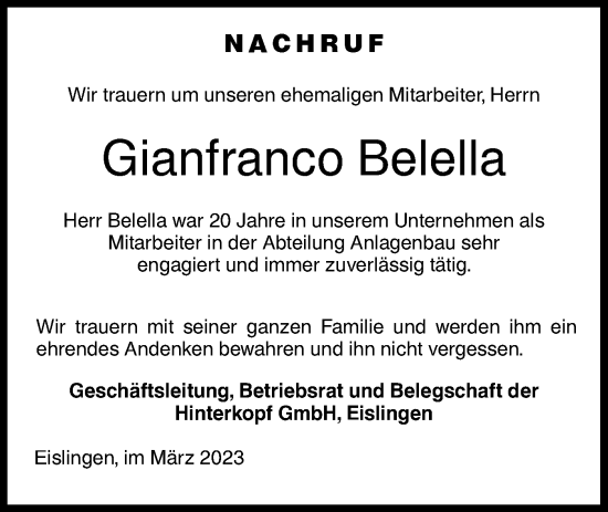 Traueranzeige von Gianfranco Belella von NWZ Neue Württembergische Zeitung