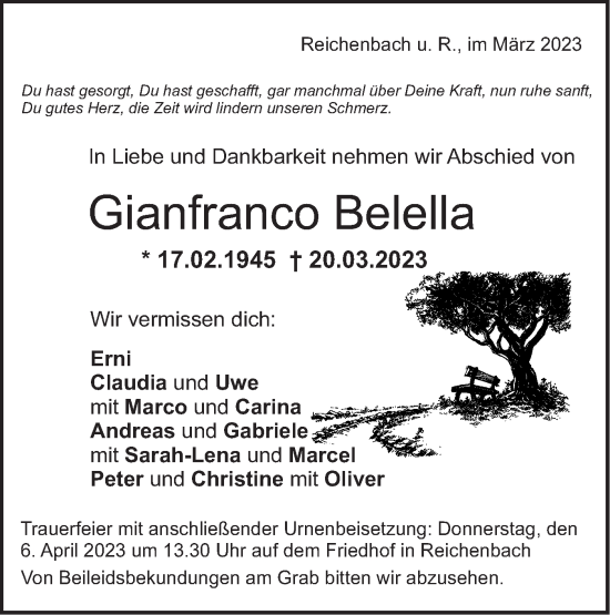 Traueranzeige von Gianfranco Belella von NWZ Neue Württembergische Zeitung