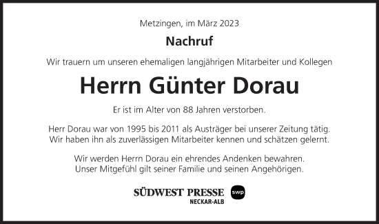 Traueranzeige von Günter Dorau von Metzinger-Uracher Volksblatt