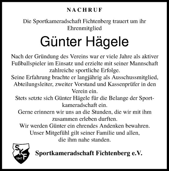 Traueranzeige von Günter Hägele von Rundschau Gaildorf