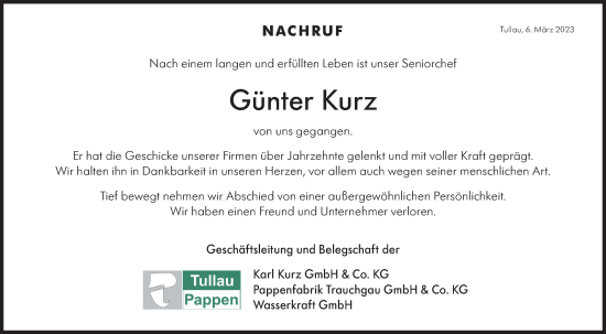 Traueranzeige von Günter Kurz von Haller Tagblatt