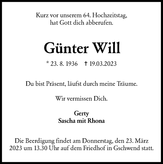 Traueranzeige von Günter Will von Rundschau Gaildorf