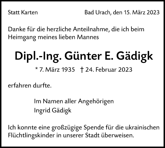 Traueranzeige von Günter E. Gädigk von Metzinger-Uracher Volksblatt