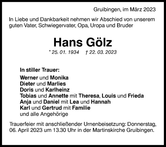 Traueranzeige von Hans Gölz von NWZ Neue Württembergische Zeitung