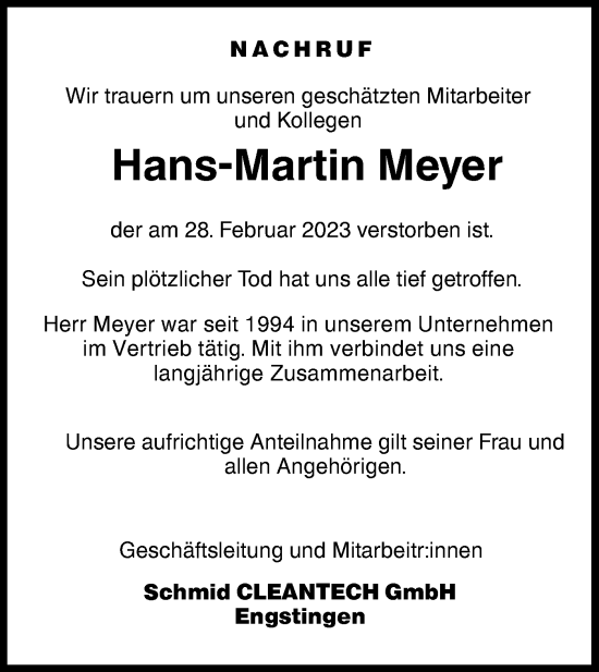 Traueranzeige von Hans-Martin Meyer von NWZ Neue Württembergische Zeitung