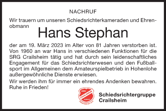 Traueranzeige von Hans Stephan von Hohenloher Tagblatt