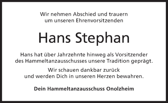 Traueranzeige von Hans Stephan von Hohenloher Tagblatt