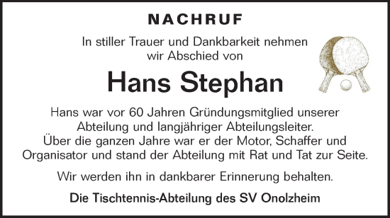 Traueranzeige von Hans Stephan von Hohenloher Tagblatt