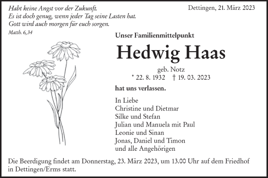 Traueranzeige von Hedwig Haas von Metzinger-Uracher Volksblatt