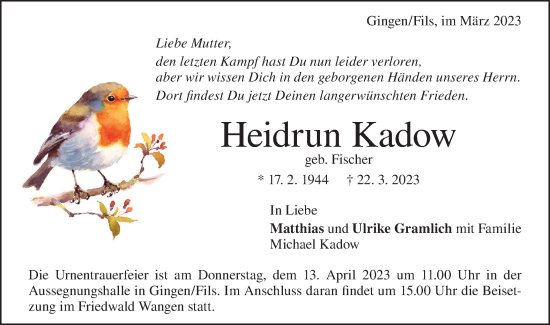 Traueranzeige von Heidrun Kadow von Geislinger Zeitung