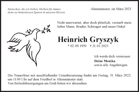 Traueranzeige von Heinrich Gryszyk von Hohenloher Tagblatt