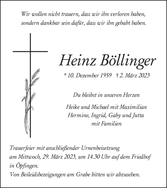 Traueranzeige von Heinz Böllinger von Ehinger Tagblatt