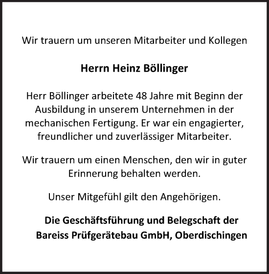 Traueranzeige von Heinz Böllinger von Ehinger Tagblatt