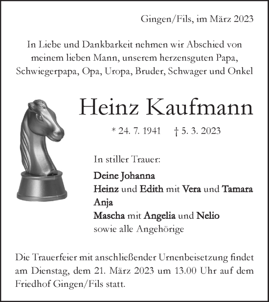 Traueranzeige von Heinz Kaufmann von Geislinger Zeitung