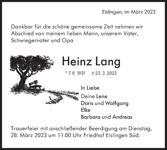 Traueranzeige von Heinz Lang von NWZ Neue Württembergische Zeitung