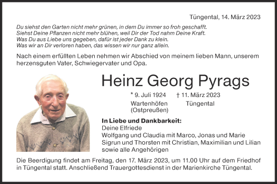 Traueranzeige von Heinz Georg Pyrags von Haller Tagblatt