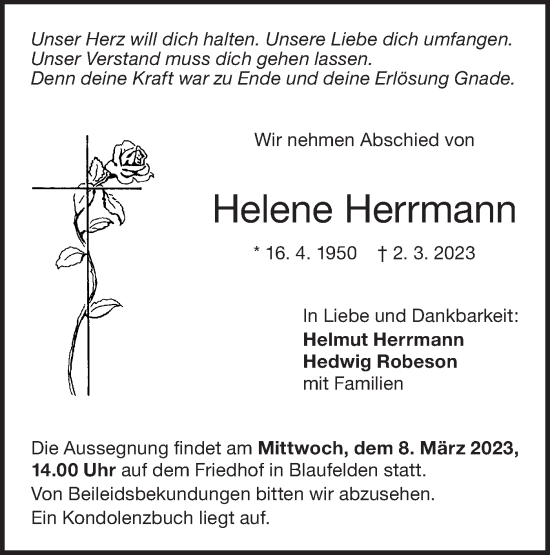 Traueranzeige von Helene Herrmann von Hohenloher Tagblatt