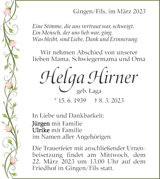 Traueranzeige von Helga Hirner von Geislinger Zeitung