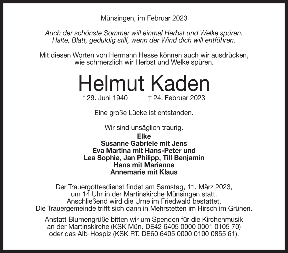  Traueranzeige für Helmut Kaden vom 02.03.2023 aus Alb-Bote/Metzinger-Uracher Volksblatt