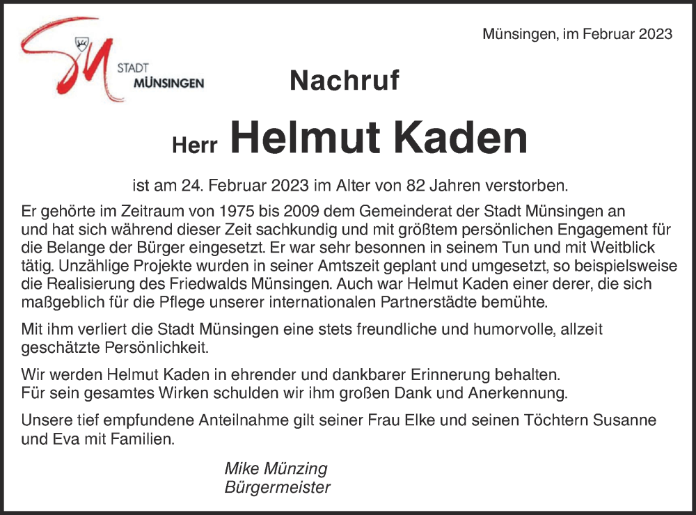  Traueranzeige für Helmut Kaden vom 02.03.2023 aus Alb-Bote/Metzinger-Uracher Volksblatt