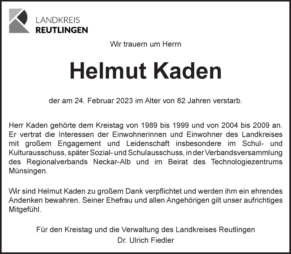  Traueranzeige für Helmut Kaden vom 02.03.2023 aus Metzinger-Uracher Volksblatt