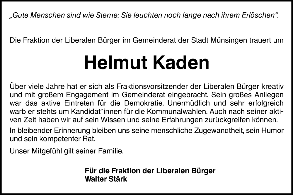  Traueranzeige für Helmut Kaden vom 03.03.2023 aus Alb-Bote/Metzinger-Uracher Volksblatt