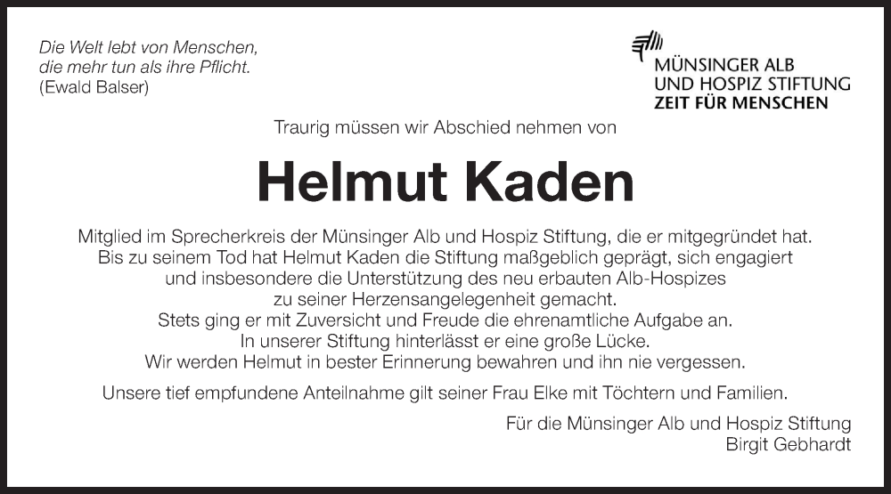  Traueranzeige für Helmut Kaden vom 03.03.2023 aus Alb-Bote/Metzinger-Uracher Volksblatt