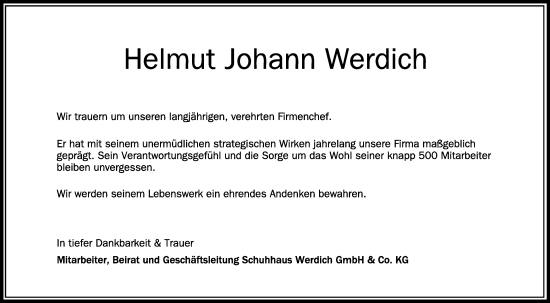 Traueranzeige von Helmut Johann Werdich von SÜDWEST PRESSE Ausgabe Ulm/Neu-Ulm